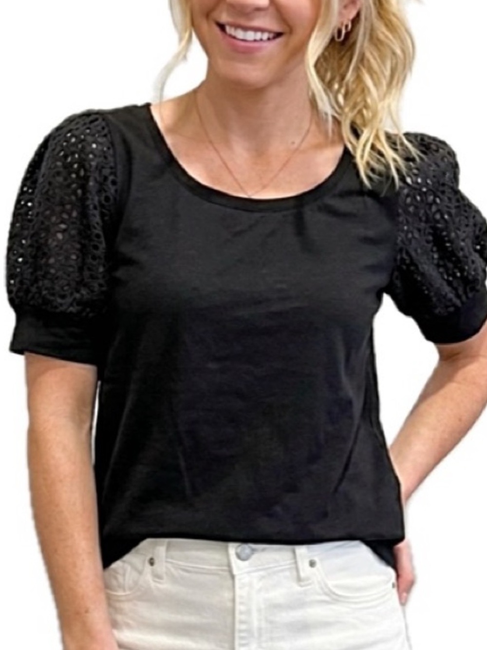 Jane and Delancey Black Eyelet Puff Sleeve Tee